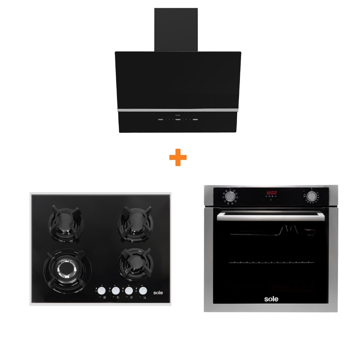 Sole - Combo cocina empotrable gas vidrio 60cm+sole campana nimbus 60cm+horno empotrable electrico premium