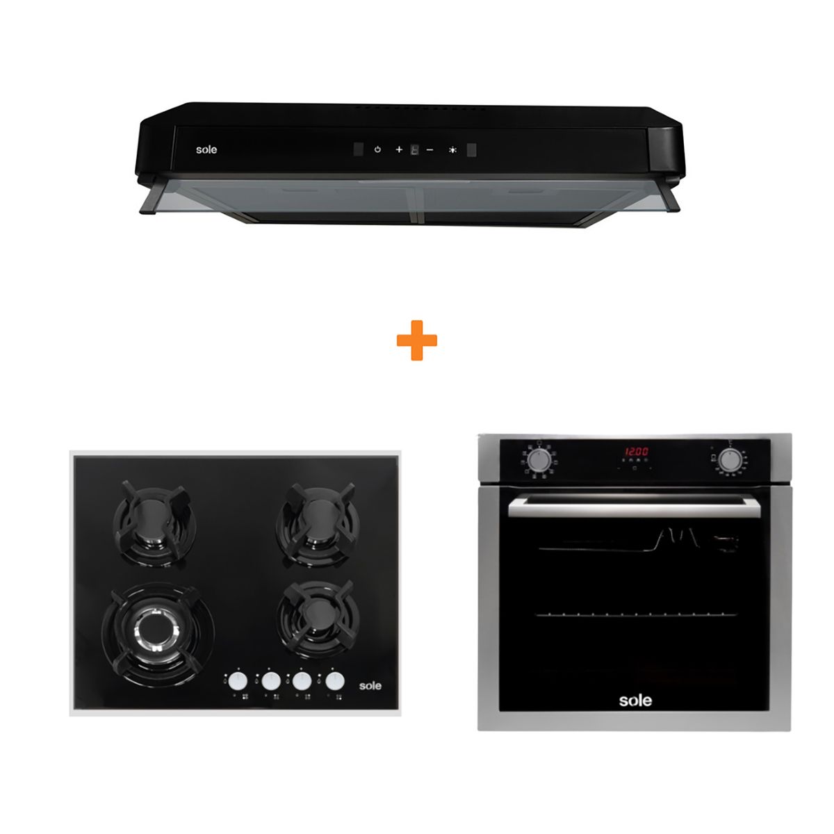 SOLE - Combo cocina empotrable gas vidrio 60cm+sole campana gaia 60cm+horno empotrable electrico premium