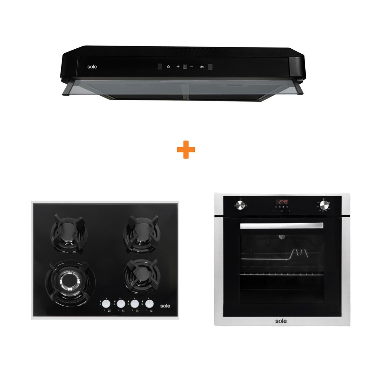 Sole - Combo cocina empotrable gas vidrio 60cm+sole campana gaia 60cm+horno empotrable gas premium