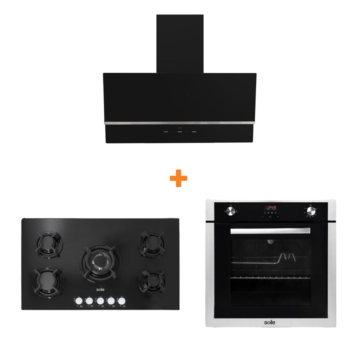 SOLE - Combo cocina empotrable gas vidrio 86cm+sole campana nimbus 90cm+horno empotrable gas premium