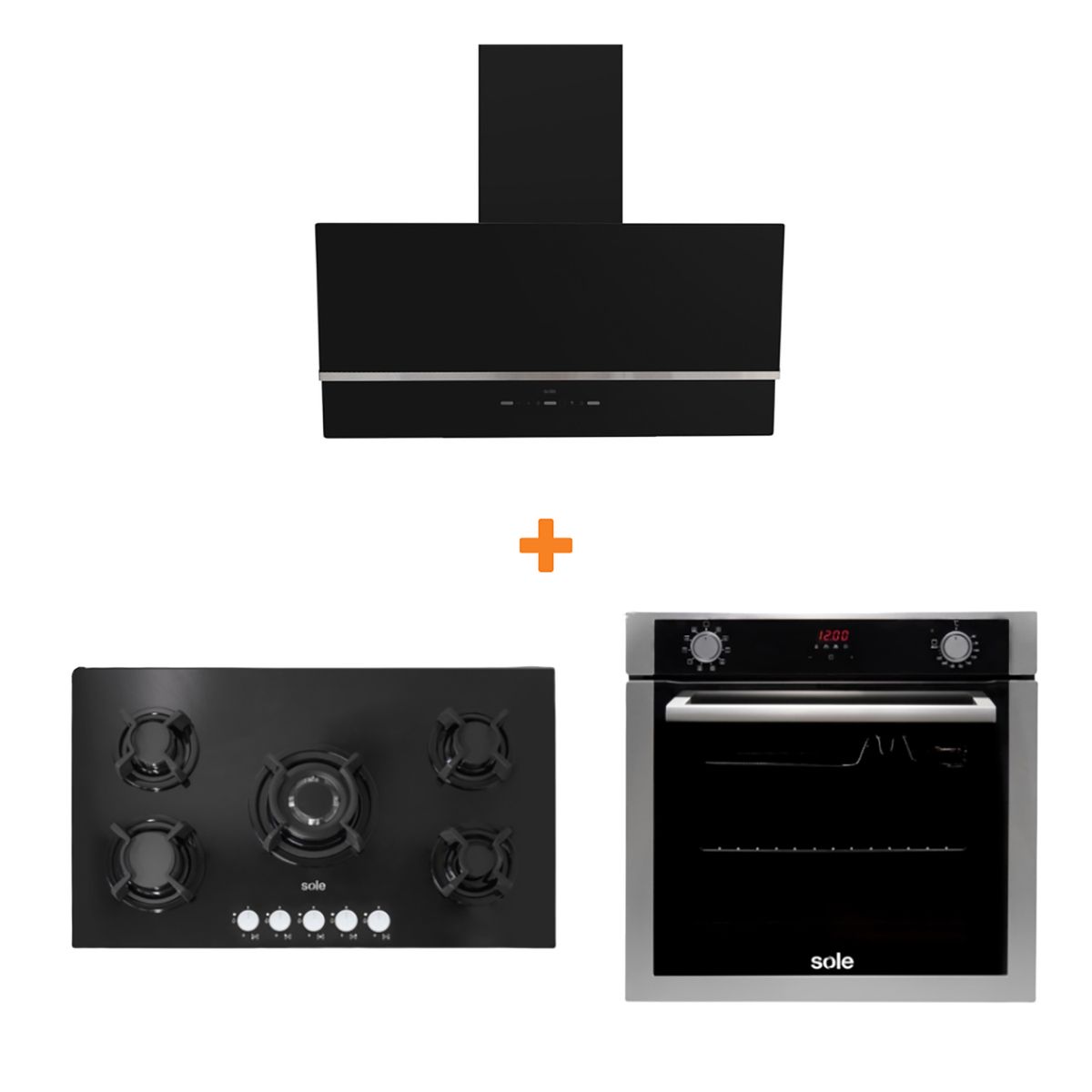 SOLE - Combo cocina empotrable gas vidrio 86cm+sole campana nimbus 90cm+horno empotrable electrico premium