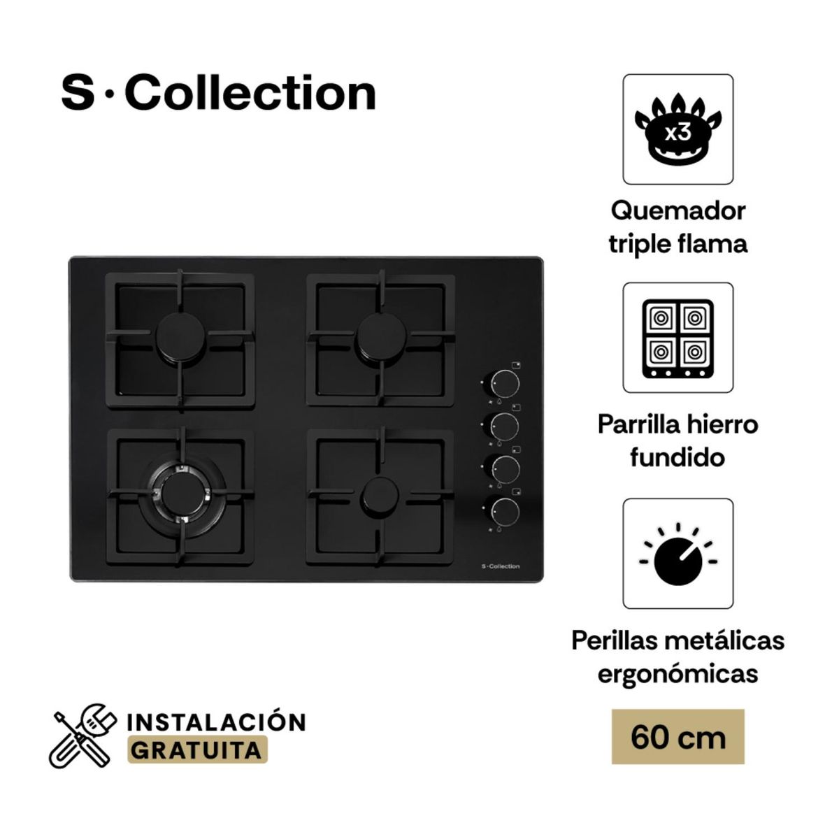 SCOLLECTION - Combo sc encimera black glass a gas 60cm +sc horno empotrable eléctrico 56l