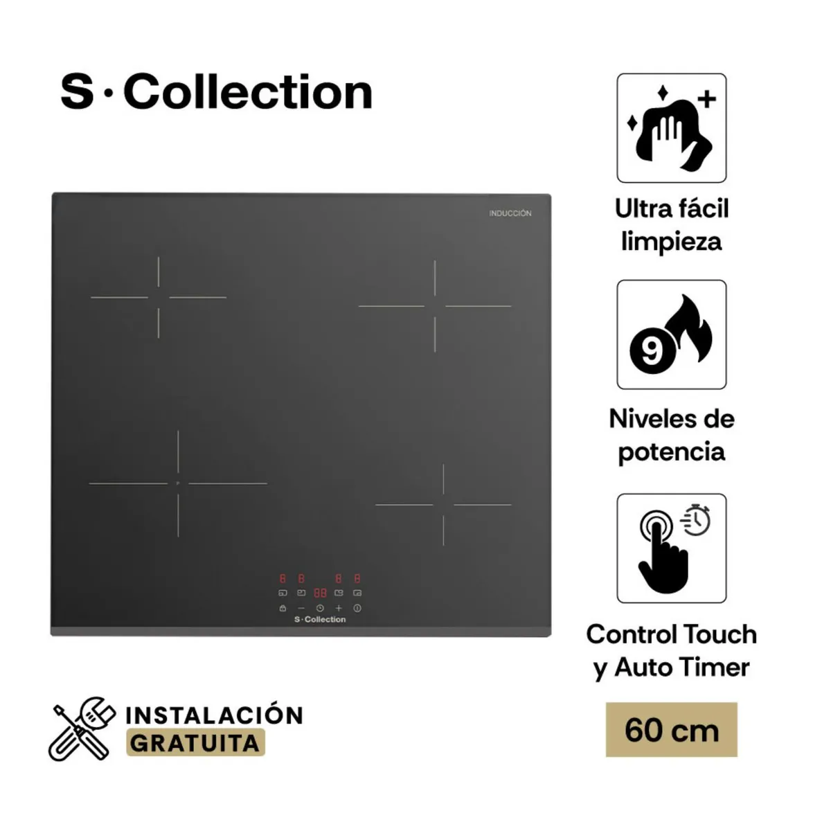 SOLE - Combo s-c encimera de inducción 60cm+s-c encimera a gas vidrio templado 30cm