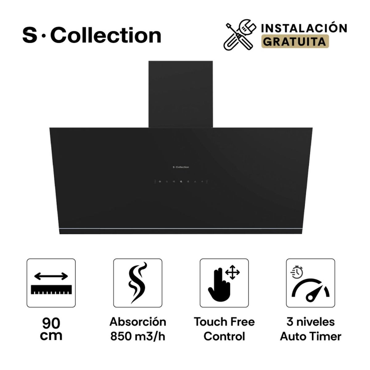 SCOLLECTION - Combo s-c campana decorativa pureblack 90cm+s-c encimera vidrio pureblack gas 90cm+s-c horno emp.electrico pureblack d1 airfryer 75l+s-c refrigeradora sbs boston black 513l