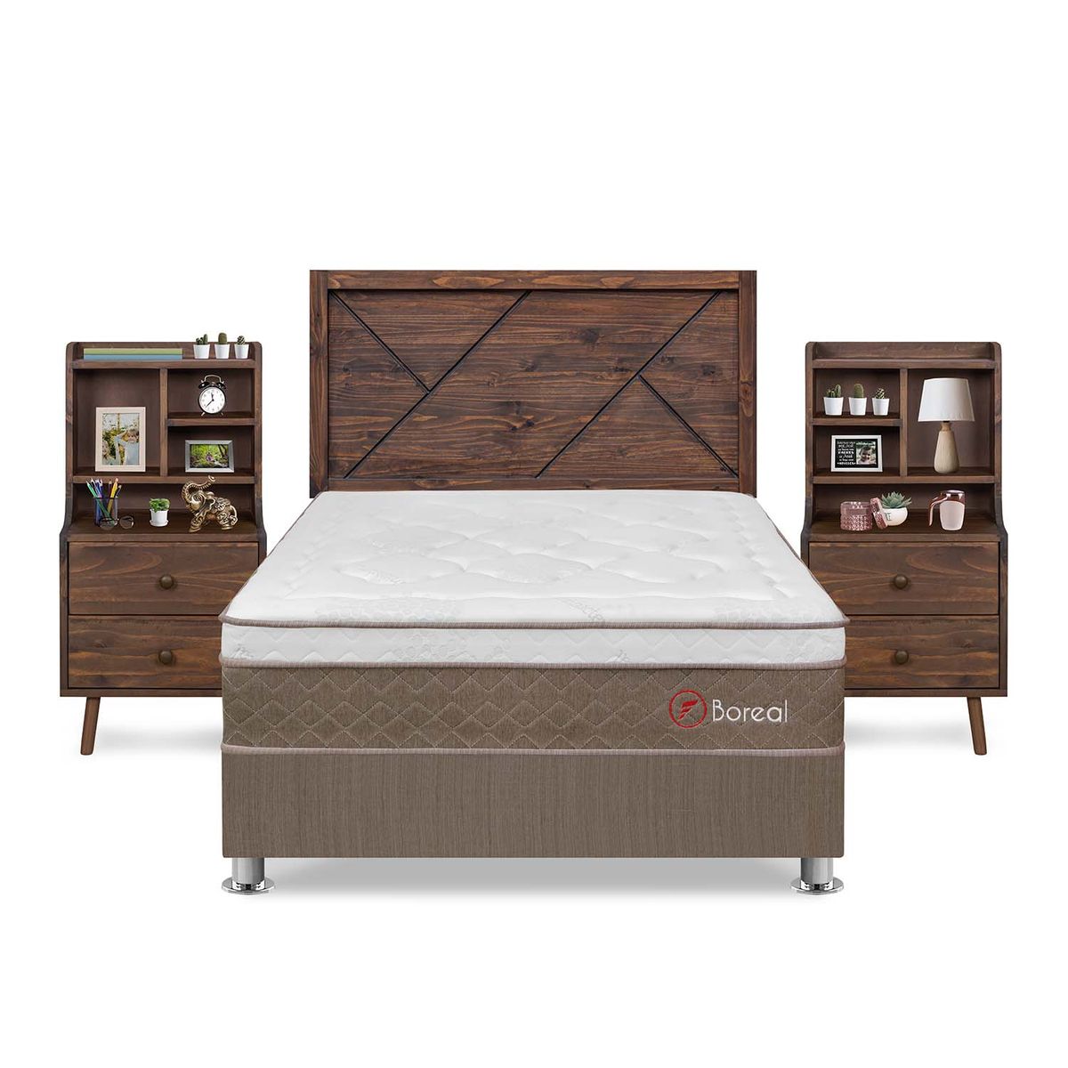 FORLI - Dormitorio Boreal Cabecera Florencia 2 Plz Marron + 2 Veladores Fashion Madera