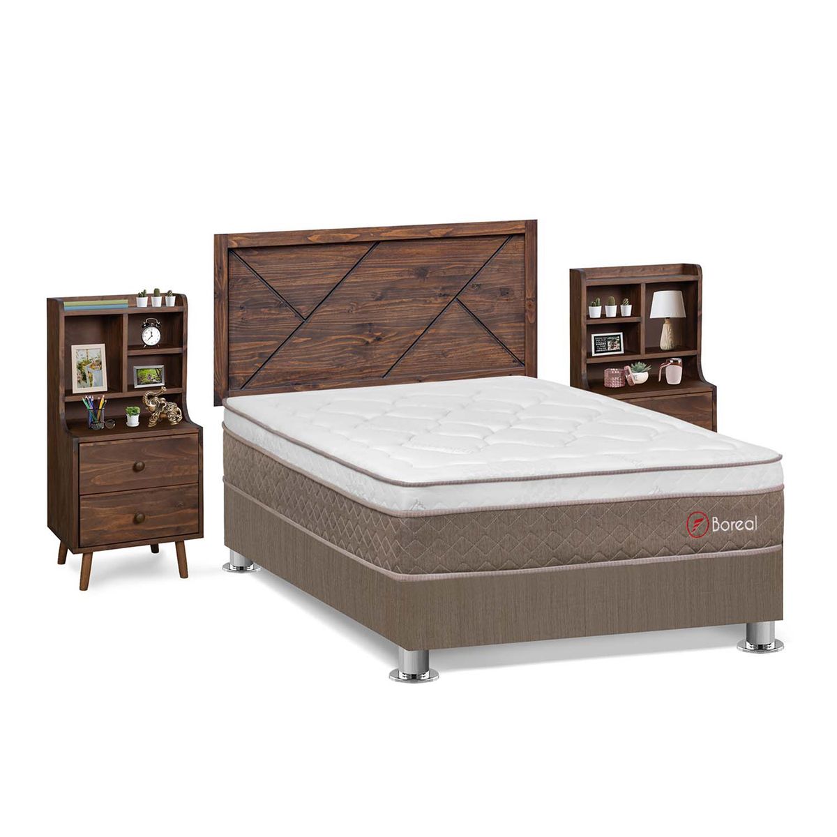 FORLI - Dormitorio Boreal Cabecera Florencia 2 Plz Marron + 2 Veladores Fashion Madera