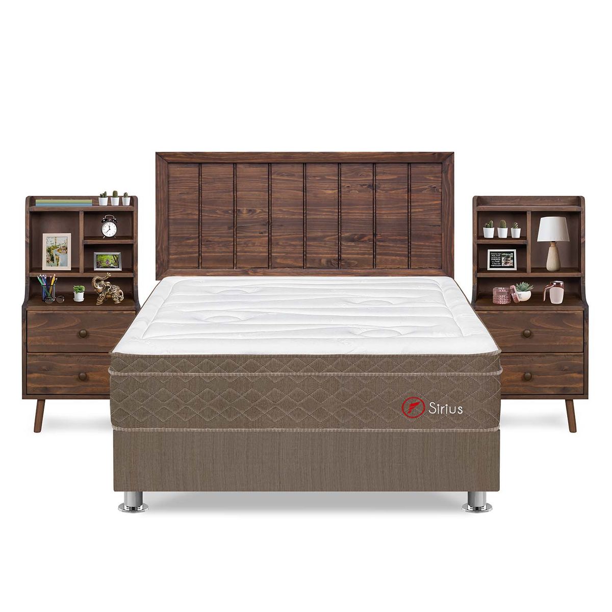 FORLI - Dormitorio Sirius Cabecera Catania Queen Marron + 2 Veladores Fashion Madera