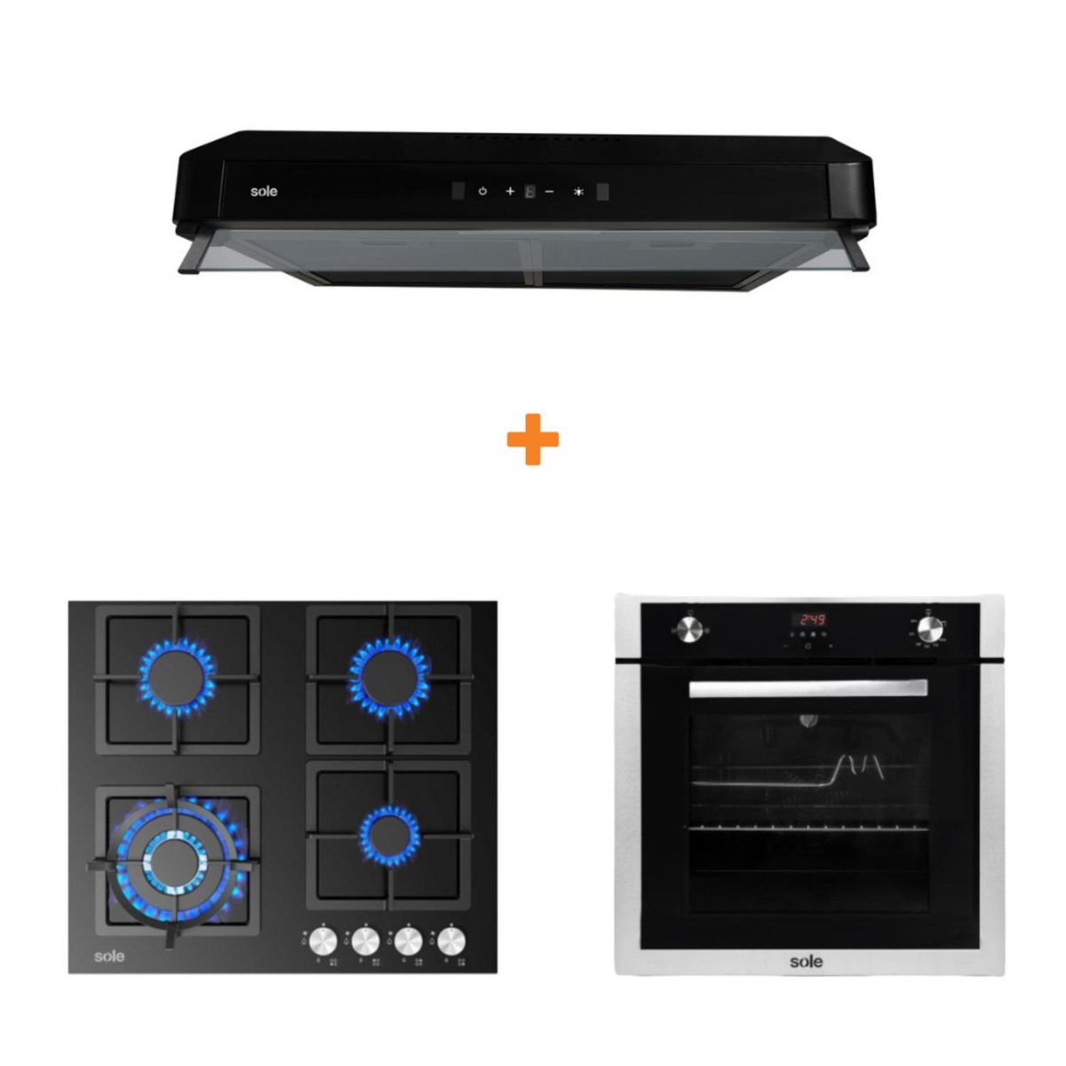 SOLE - Combo cocina empotrable gas vidrio 59cm+sole campana gaia 60cm+horno empotrable gas premium