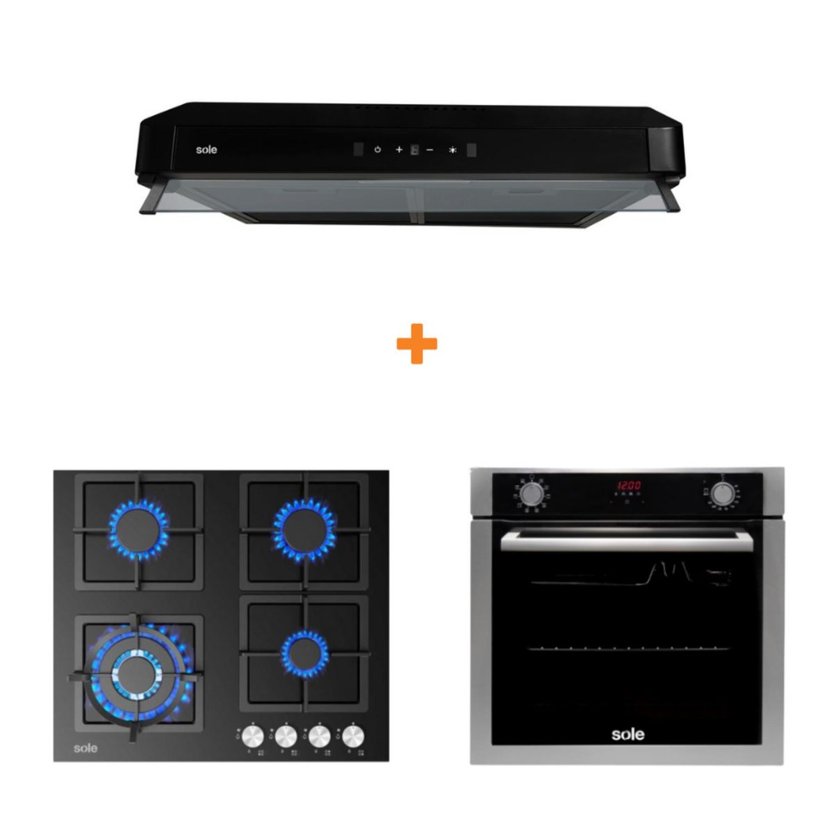 Sole - Combo cocina empotrable gas vidrio 59cm+sole campana gaia 60cm+horno empotrable electrico premium