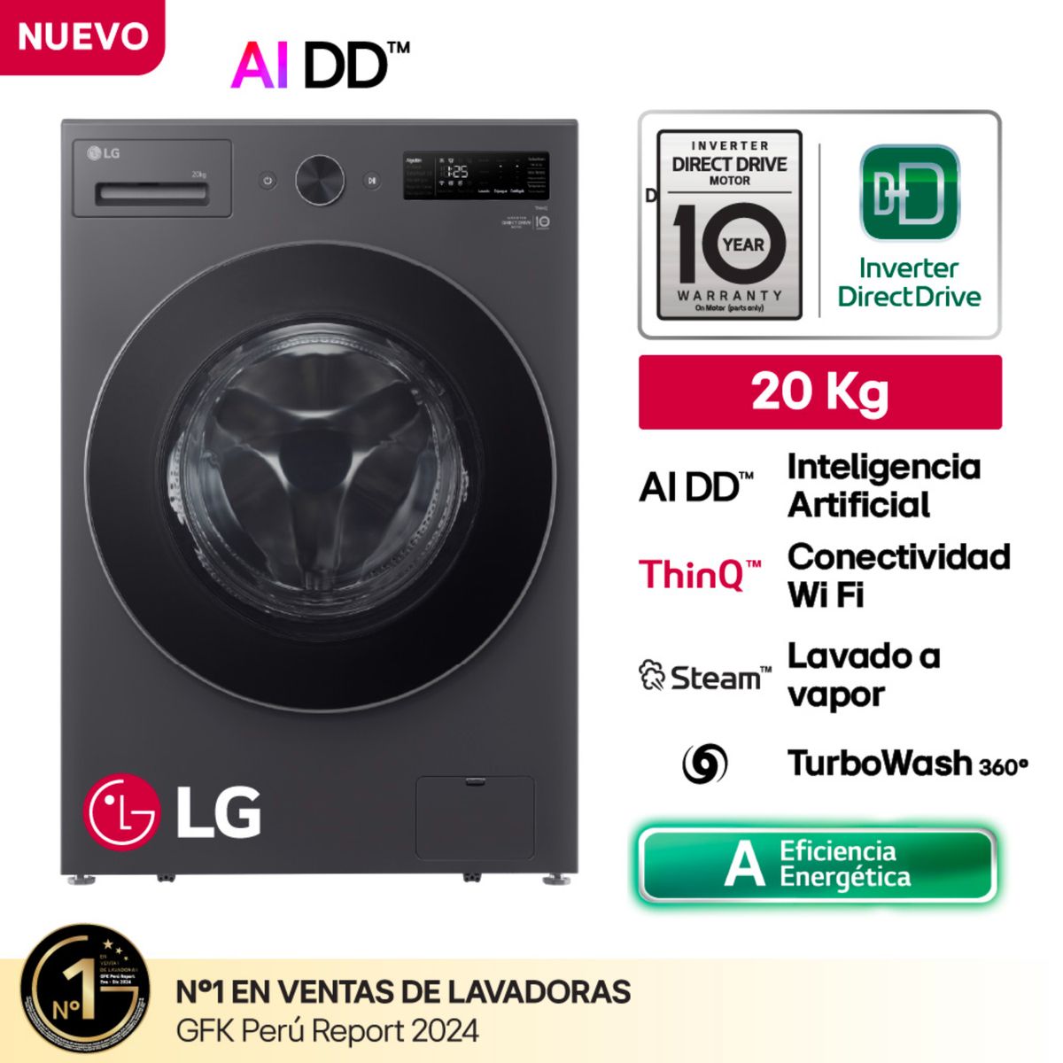 LG - Lavadora Wm20egnts6p 20kg/10kg Ai Dd Carga Frontal Grafito Lg