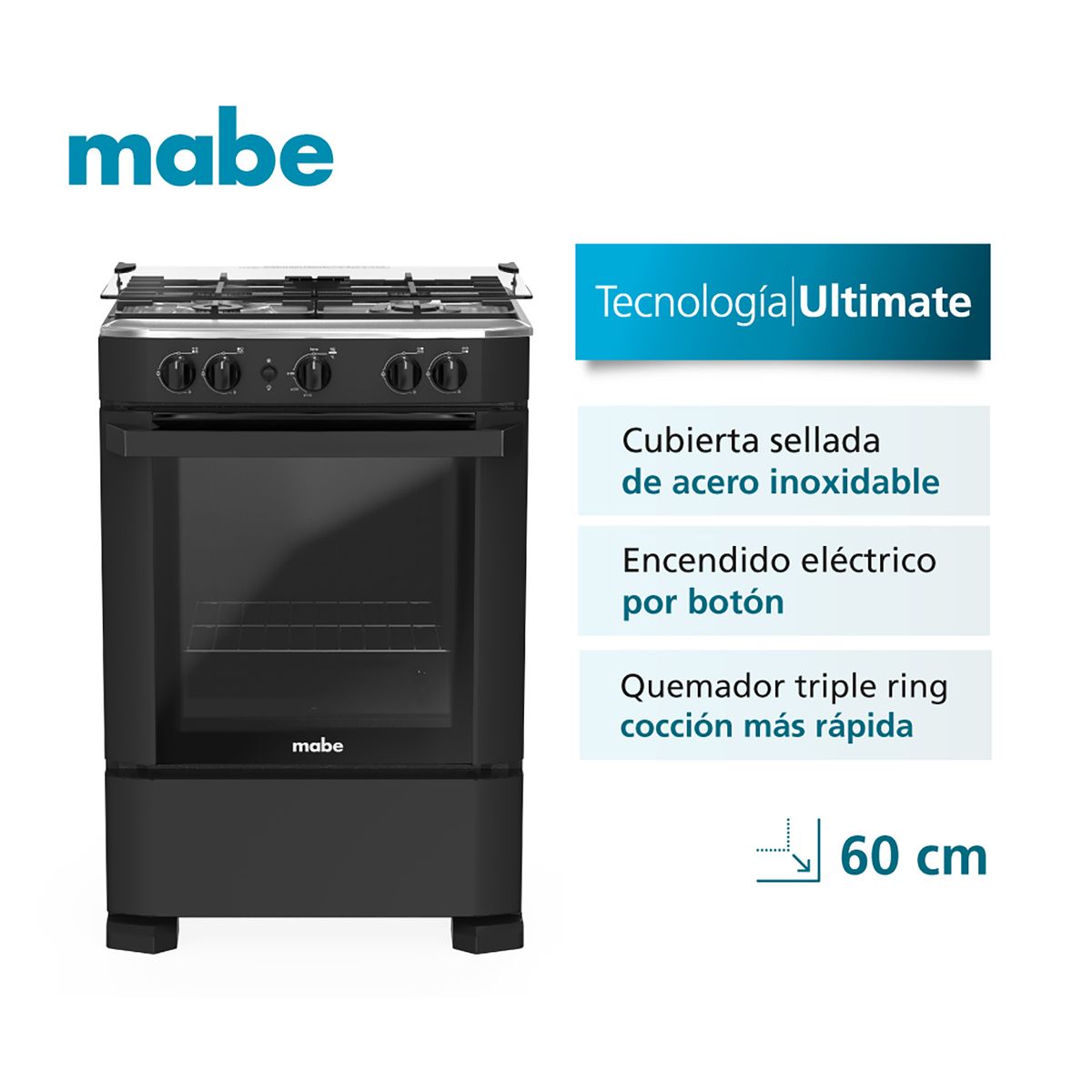 MABE - Cocina De Piso A Gas 60 Cm Negro Cmp6040fn0 - Mabe