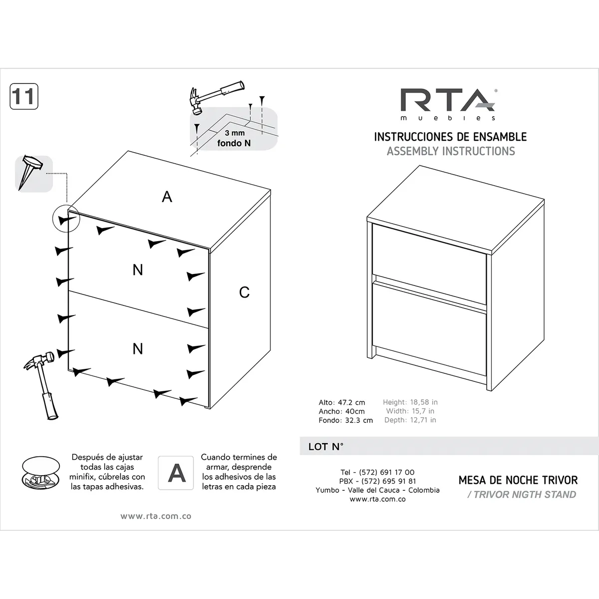 TUHOME - Velador Trivor 2cajones Wengue