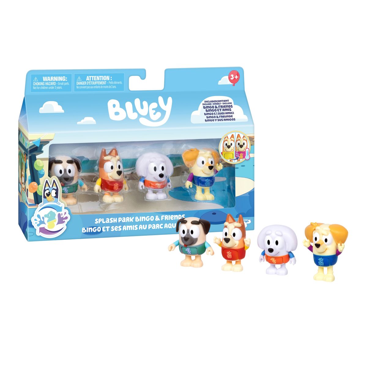 BLUEY - Figuras Parque Acuatico Bingo y Sus Amigos Cambio de Color Pack X4 Bluey