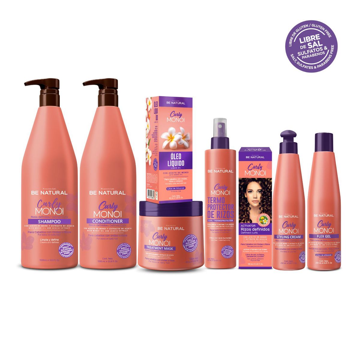BE NATURAL - Set Curly Monoi 1 Litro Tratamiento Capilar Rizos Be Natural
