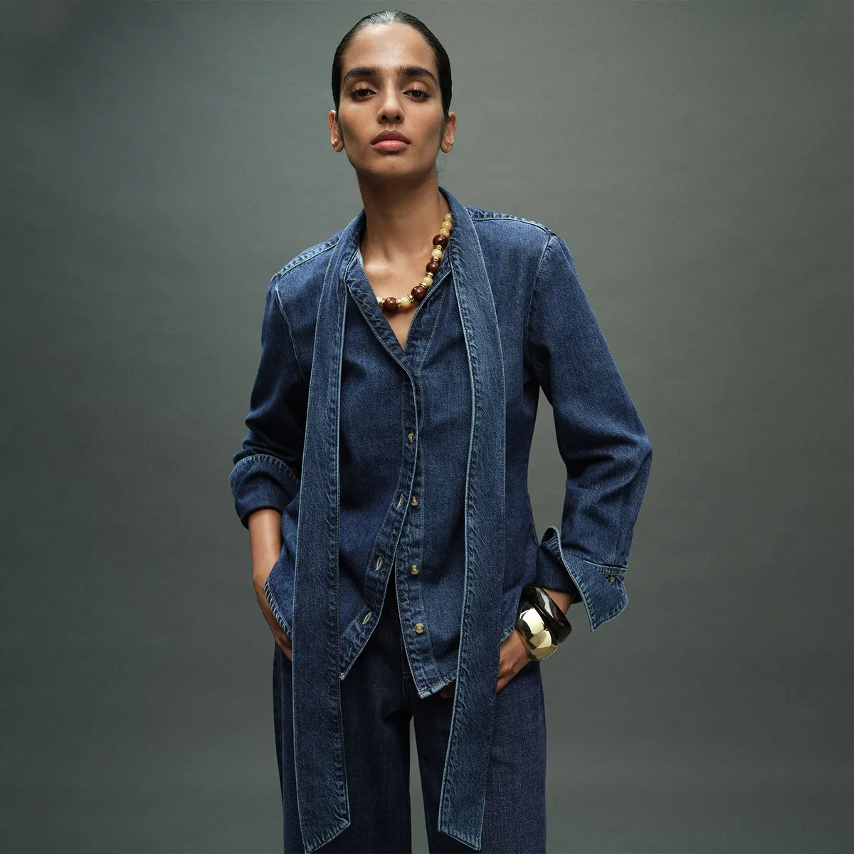 MANGO - Blusa Manga Larga Denim Mujer Mango