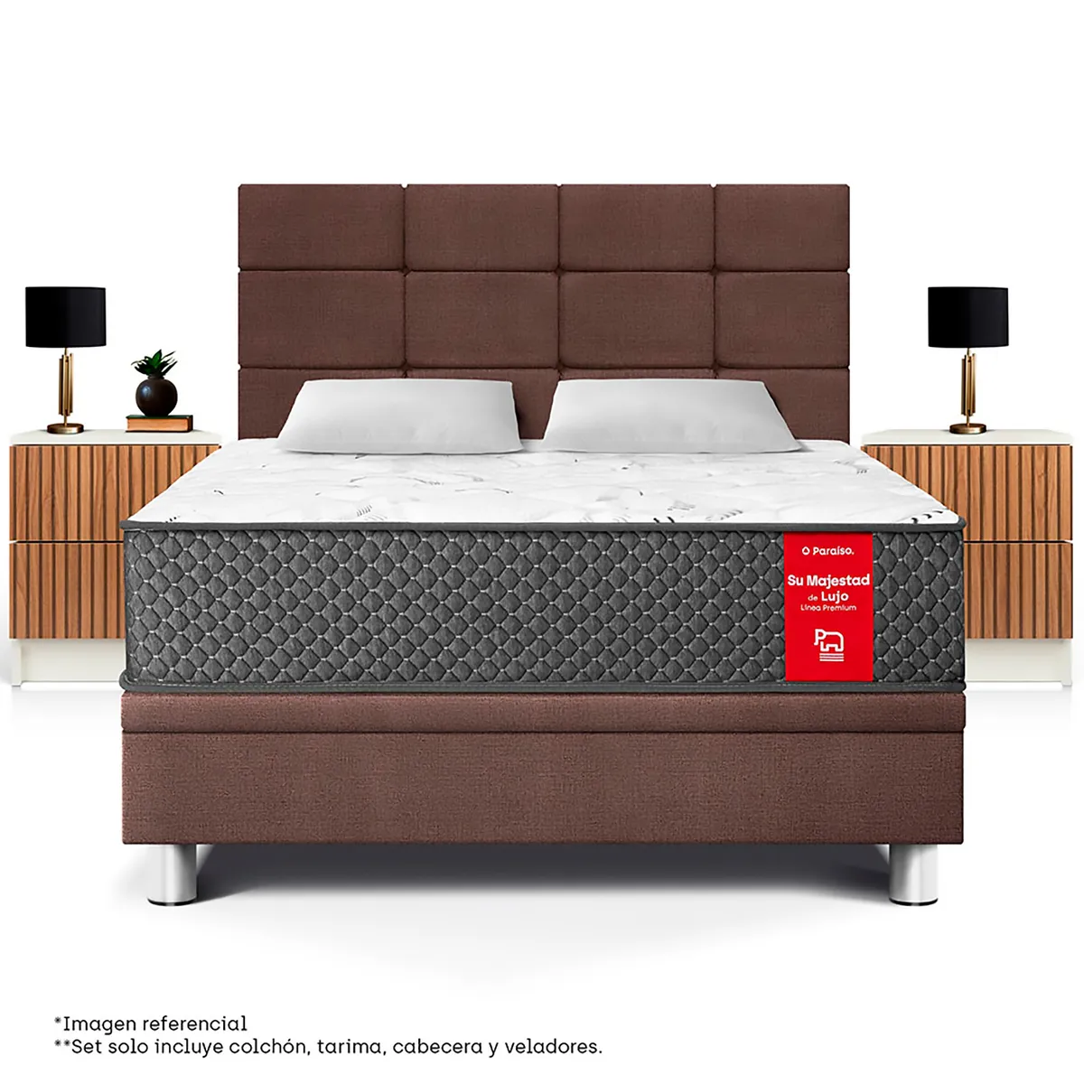 PARAISO - Dormitorio Boxet Blocks Su Majestad 2 Plz + 2 Veladores Brisse + 2 Almohadas + Protector