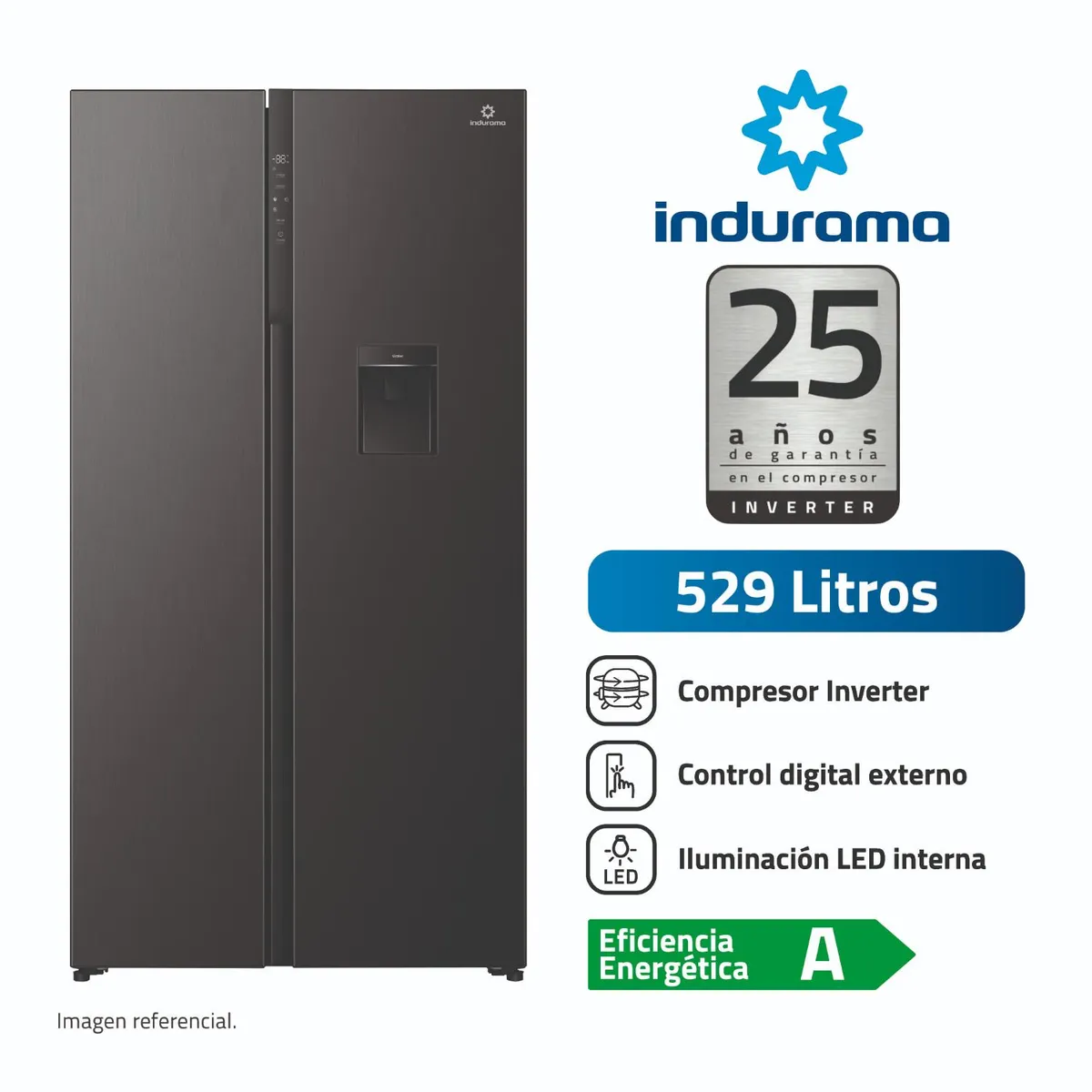 INDURAMA - Refrigeradora Negra Side by Side 529L RI-795DNI Indurama