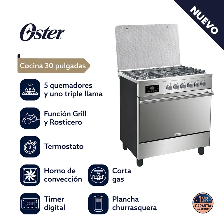 Cocina De Pie a Gas OSTER 5 Quemadores OS-PGSGC30052GRCISM Acero Inox