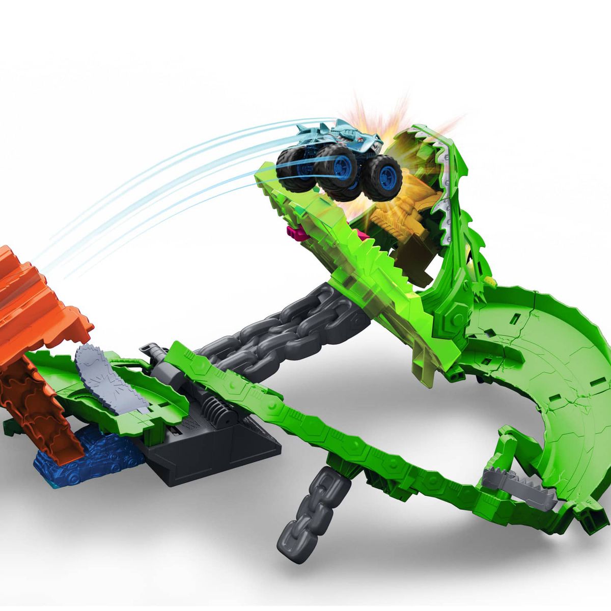 HOT WHEELS - Pista De Juguete Tiburones Vs. Dinosaurios Destrucción Del Dragón Monster Trucks Hot Wheels