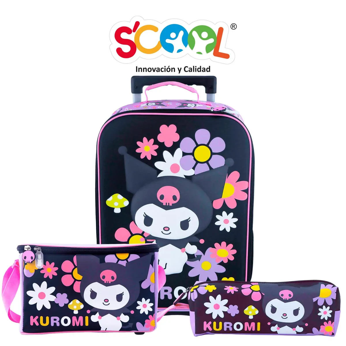 KUROMI - Set Mochila De Ruedas Lonchera Cartuchera 3d Kuromi