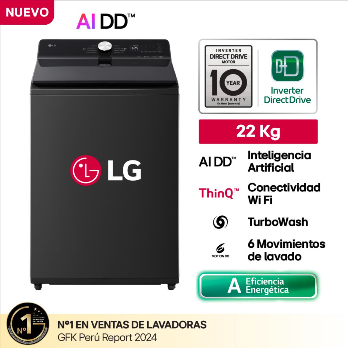 LG - Lavadora WT22OBTX 22kg conInteligencia Artificial Carga Superior Negro Onyx LG