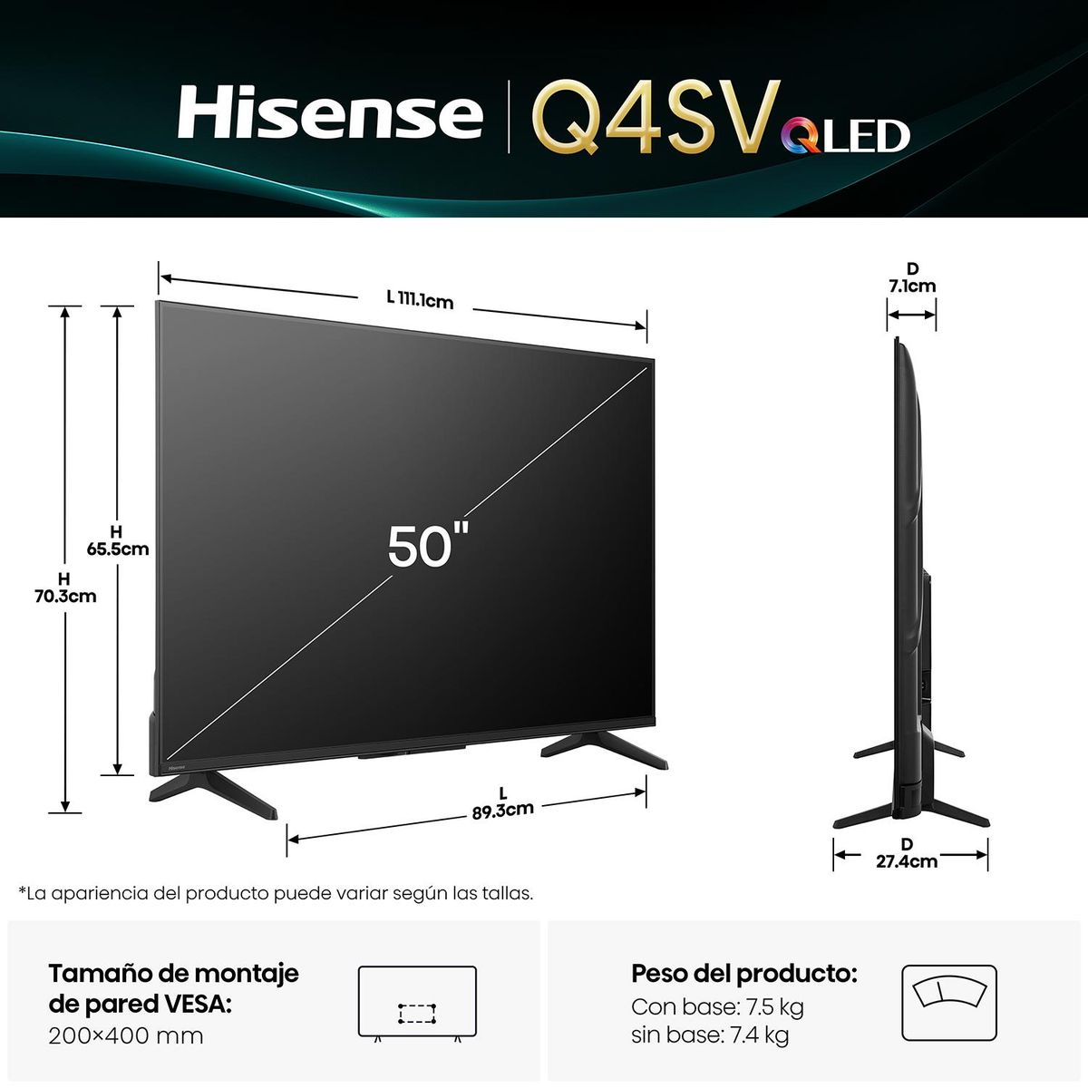 HISENSE - Televisor Hisense 50" Qled FHD 50Q4SV