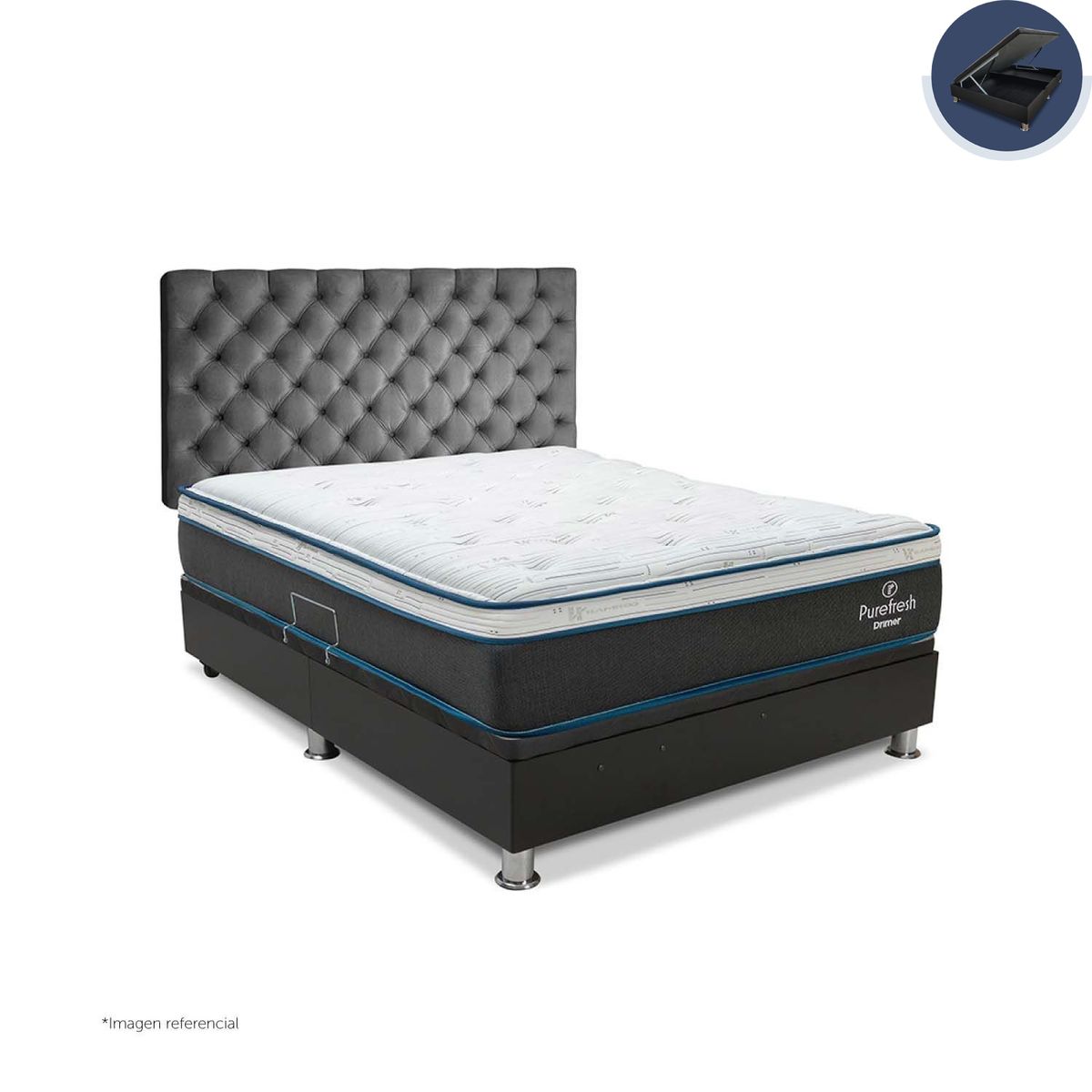 DRIMER - Dormitorio Boxet Praktibox Laqueado Pure Fresh 2 Plazas Capitone Gris Plata
