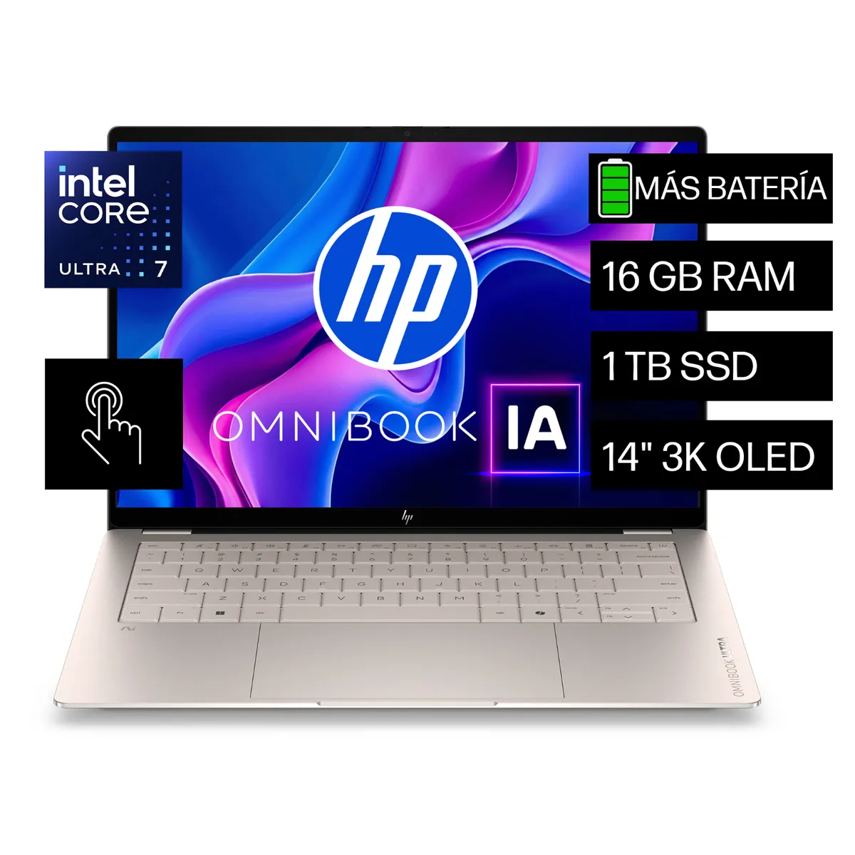 HP - Laptop HP OmniBook Ultra 14-kd0070la, Intel Core Ultra 7, 16 GB RAM, 1 TB SSD, 14" Táctil 3K, Windows 11 Home
