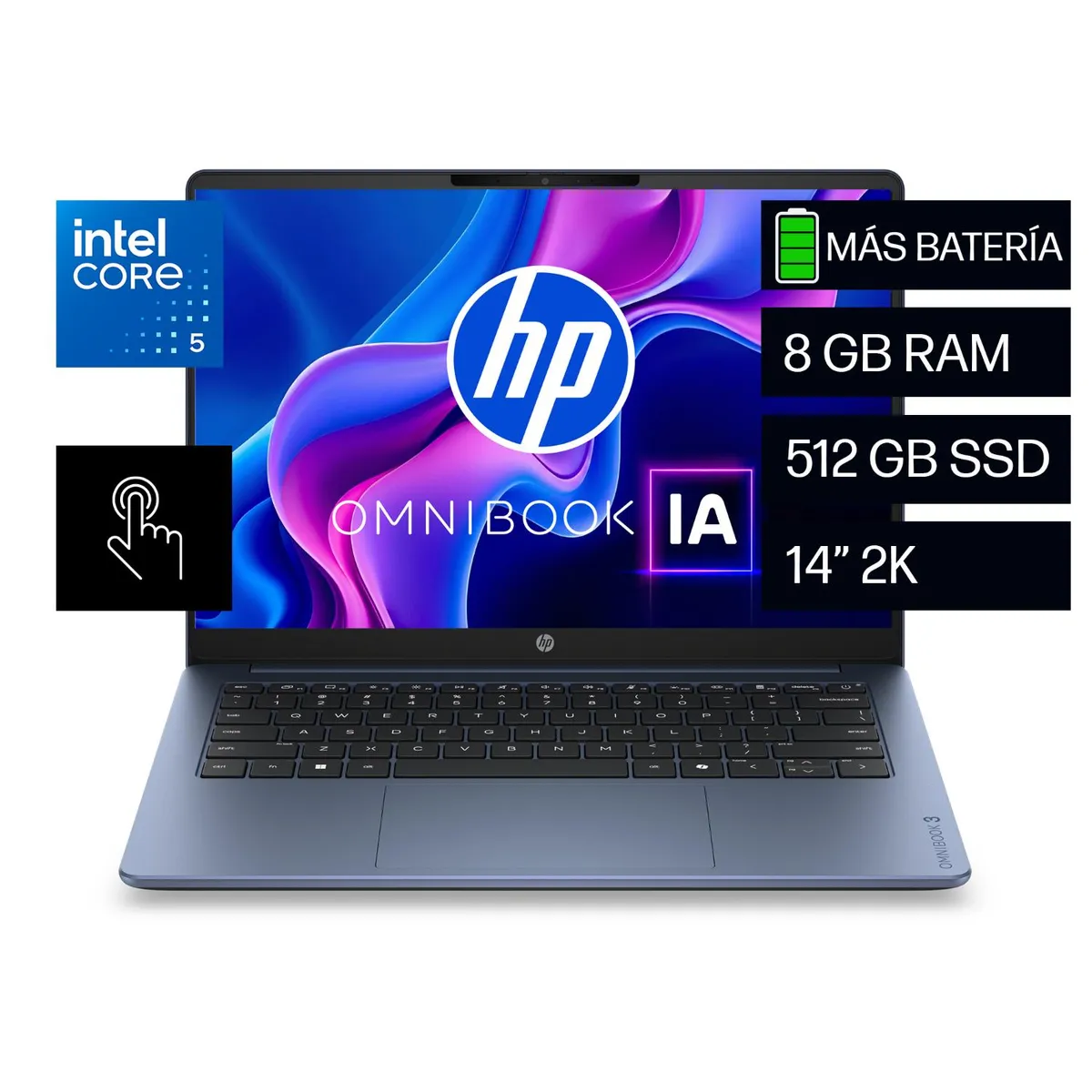 HP - Laptop HP OmniBook 3 AI 14-ht0061la, Intel Core 5, 8 GB RAM, 512 GB SSD, 14" Táctil 2K, Windows 11 Home