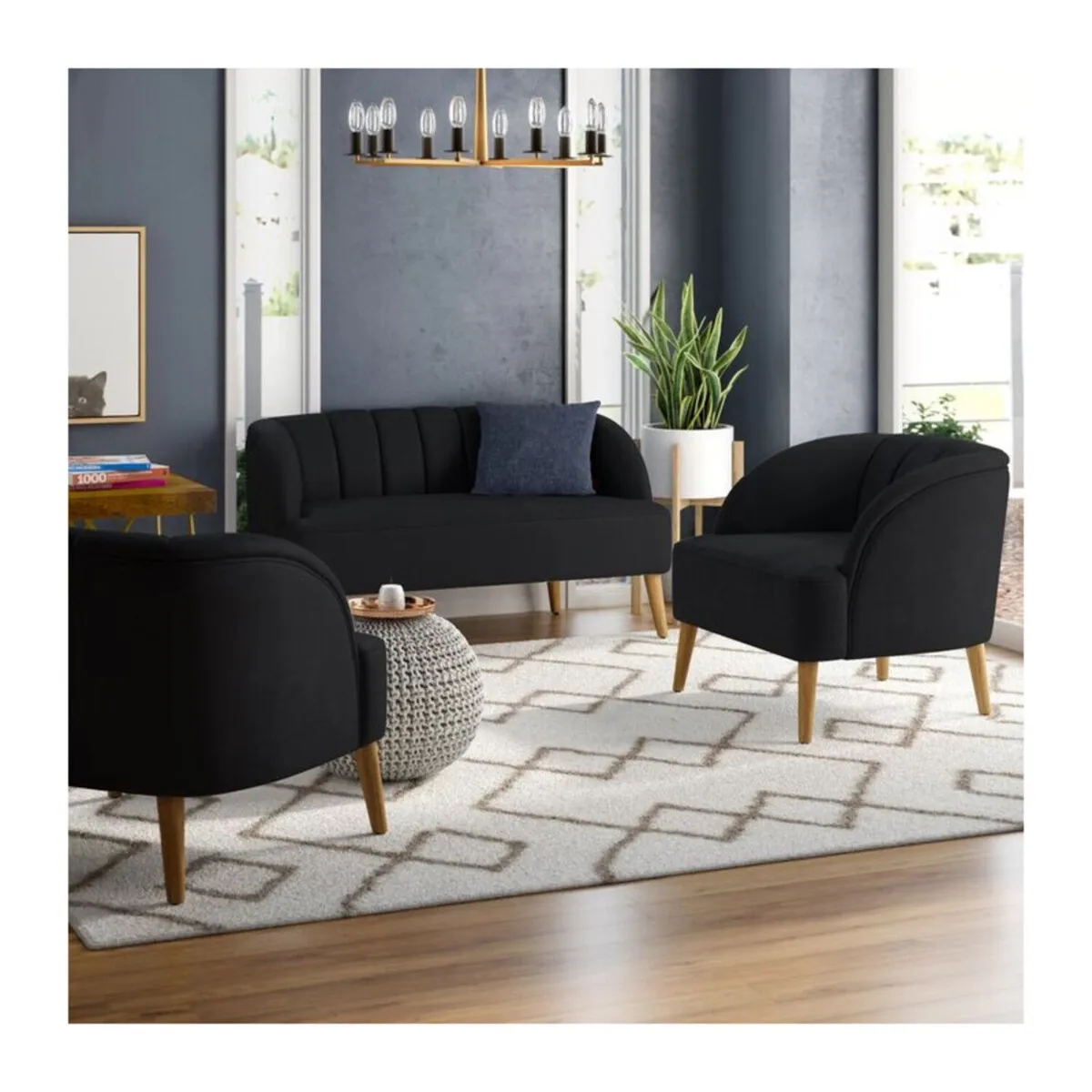 GENERICO - Juego de Sala Shell 2-1-1 Cuerpos Asientos Fijos Color Negro