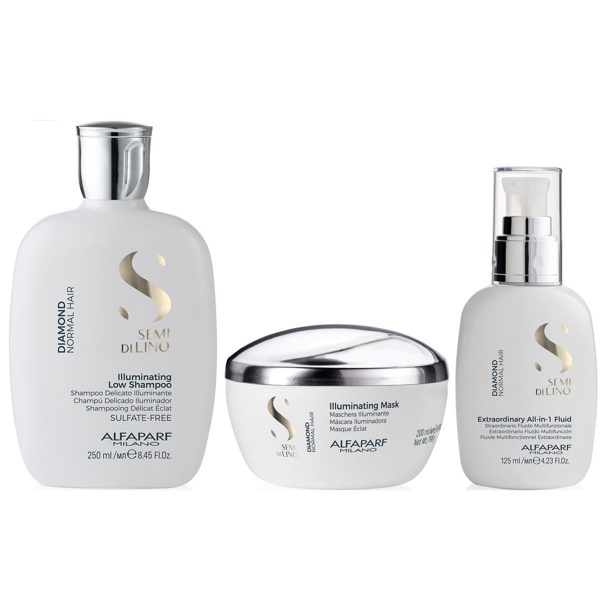 ALFAPARF MILANO - Shampoo Iluminador Sin Sal 250ml + Mascarilla + Crema Alfaparf Diamond