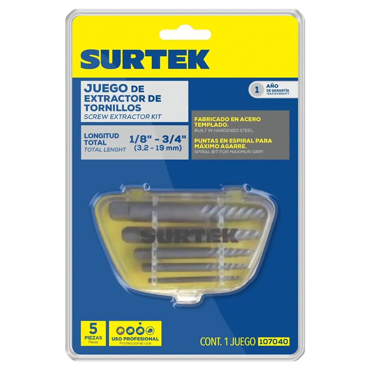 SURTEK - JUEGO DE EXTRACTOR "COLA COCHINO" PARA TORNILLOS 5 PIEZAS - SURT107040