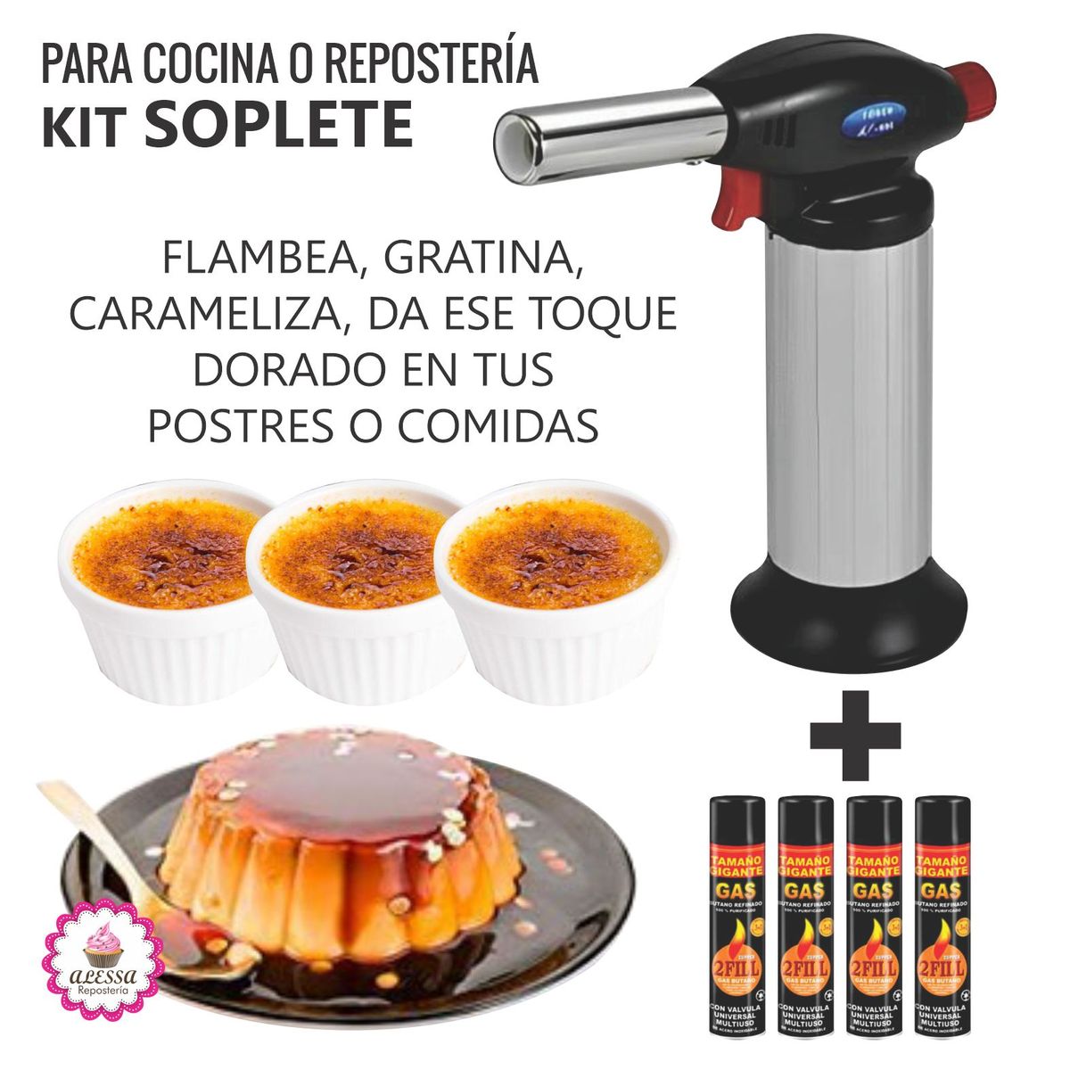GENERICO - KIT SOPLETE profesional para cocina reposteria + 4 gases butano