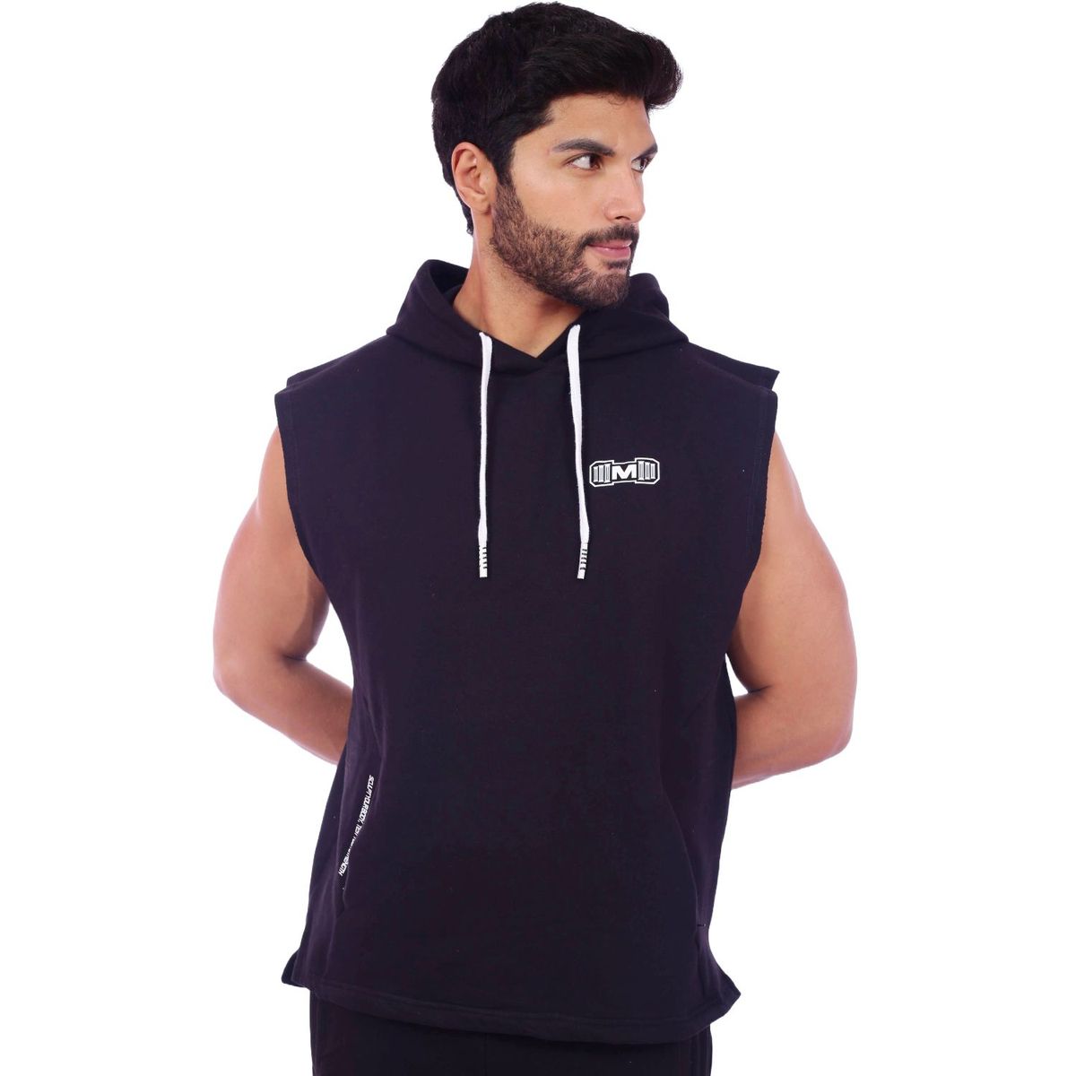 M MUSCLE MUSEUM - Polera Manga Cero Color Negro y Blanco Bolsillos delantero con cierre