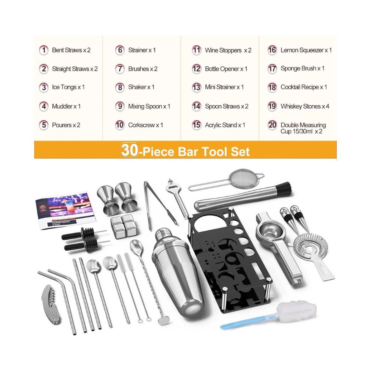 GENERICO - Kit Set Coctelero 30pzs Profesional Barman Inox Bartender