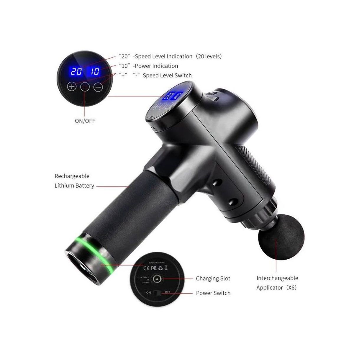 GENERICO - Pistola de masaje muscular de 30 NIVELES - con pantalla - LED