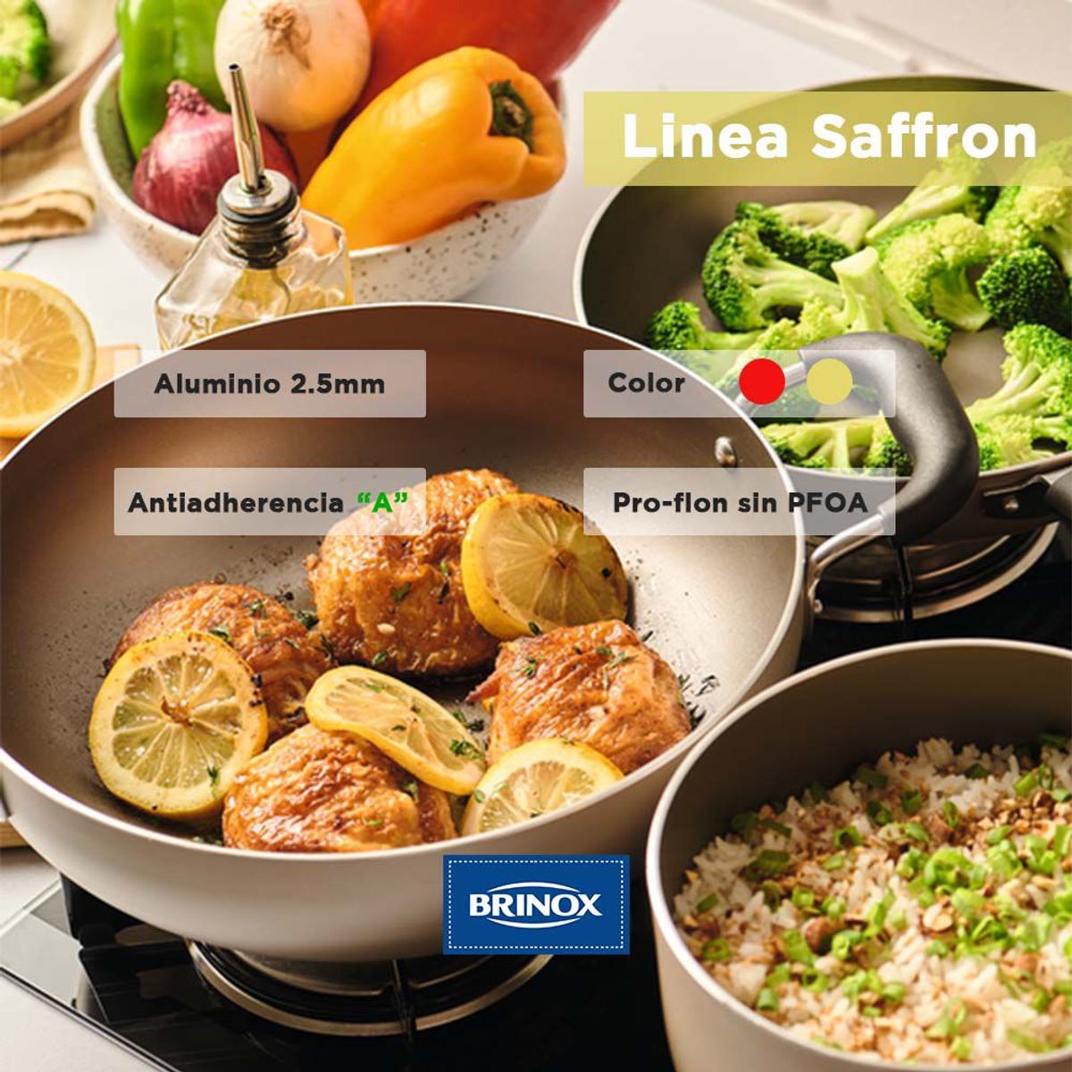 BRINOX - Wok Con Tapa 28cm 3.55L Brinox Saffron Champagne