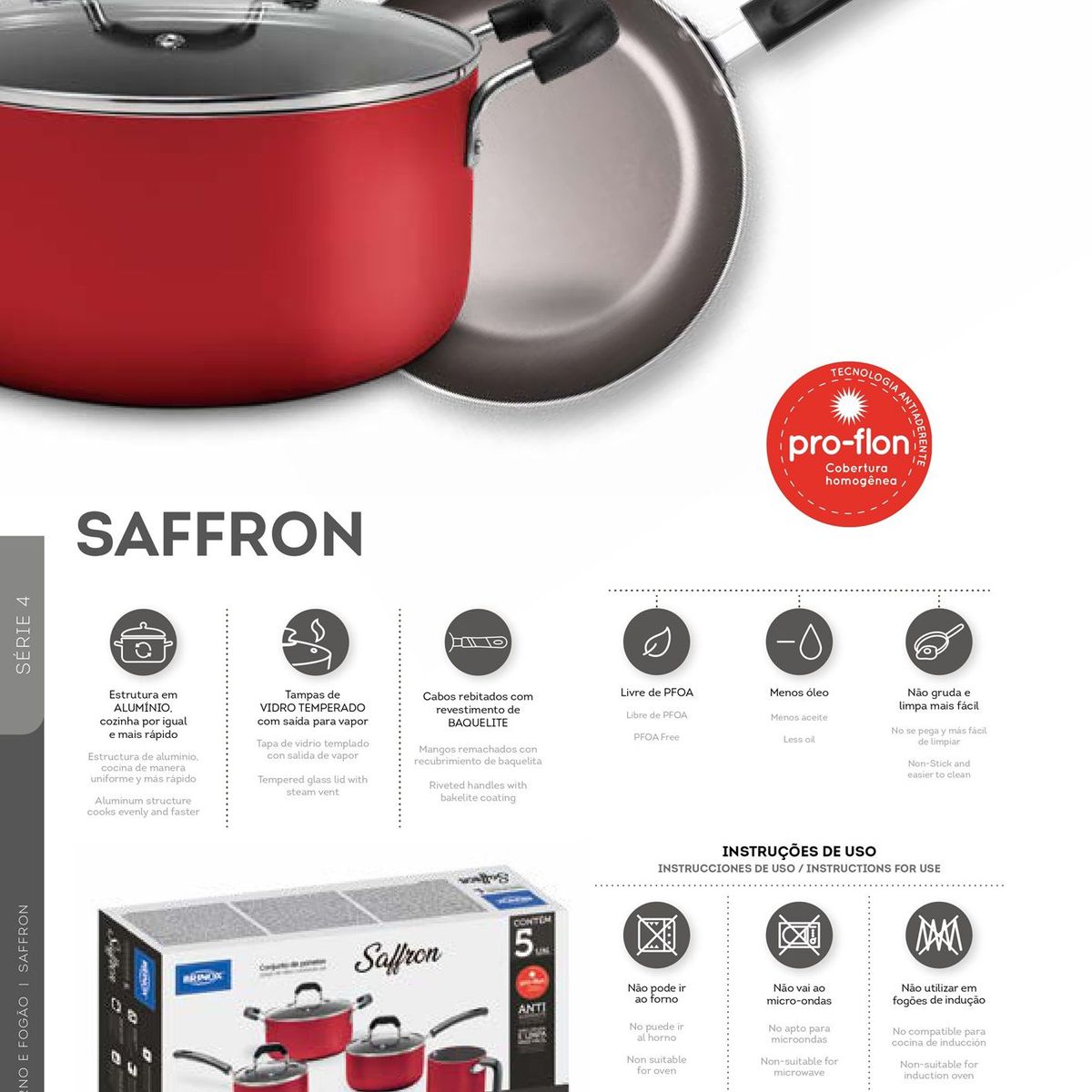 BRINOX - Cacerola Con Tapa 22cm 3.4L Brinox Saffron Rojo