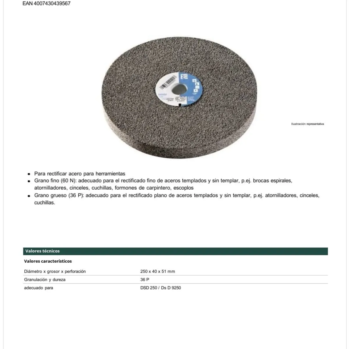 METABO - DISCO DE PIEDRA PARA ESMERIL DE BANCO  250X40X51MM 36P CZR