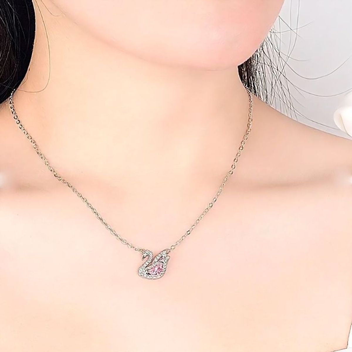 GENERICO - Collar Cisne Plata S925 Cristales Rosado