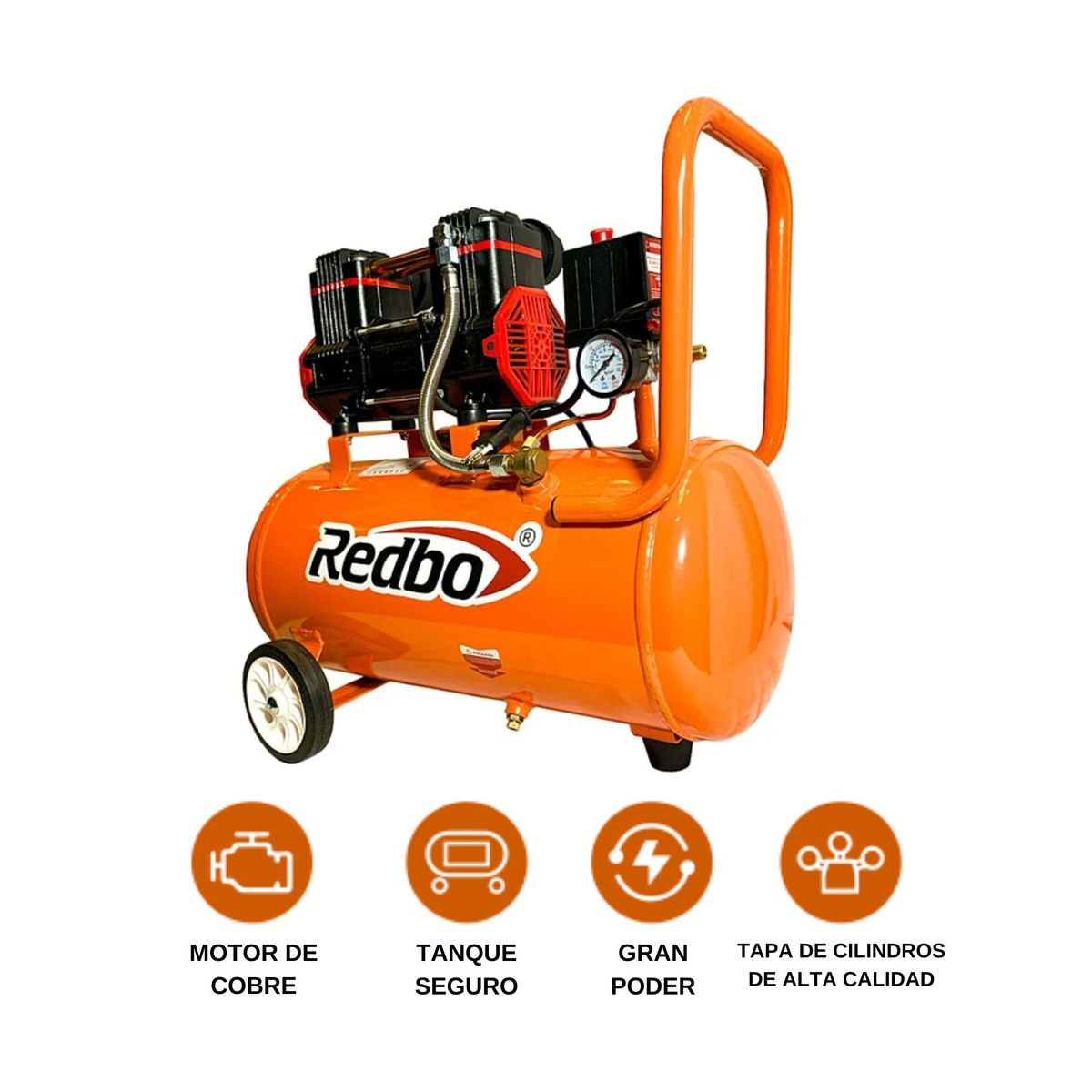 REDBO - Compresora silenciosa 25L manguera 15m y pistola para sopletear