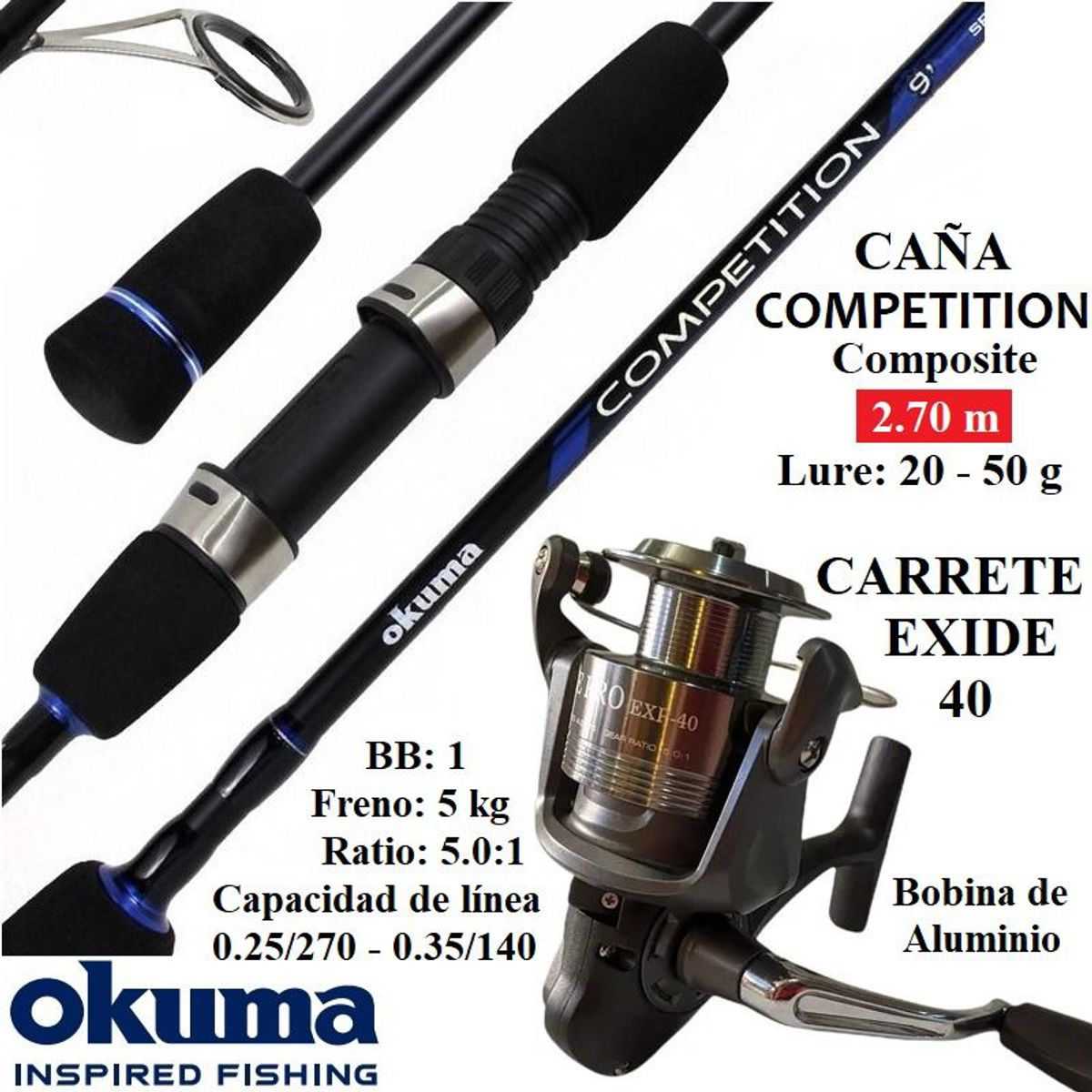 OKUMA - Equipo De Pescar Caña De 2.70 M Con Carrete Okuma 40 Combo
