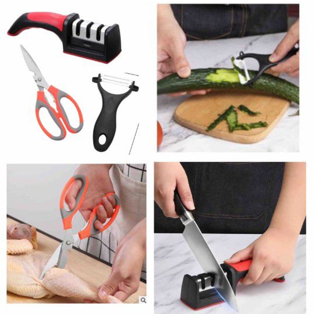 GENERICO - Set X 3  Afilador de Cuchillo, Pelador verdura y Tijera de Cocina