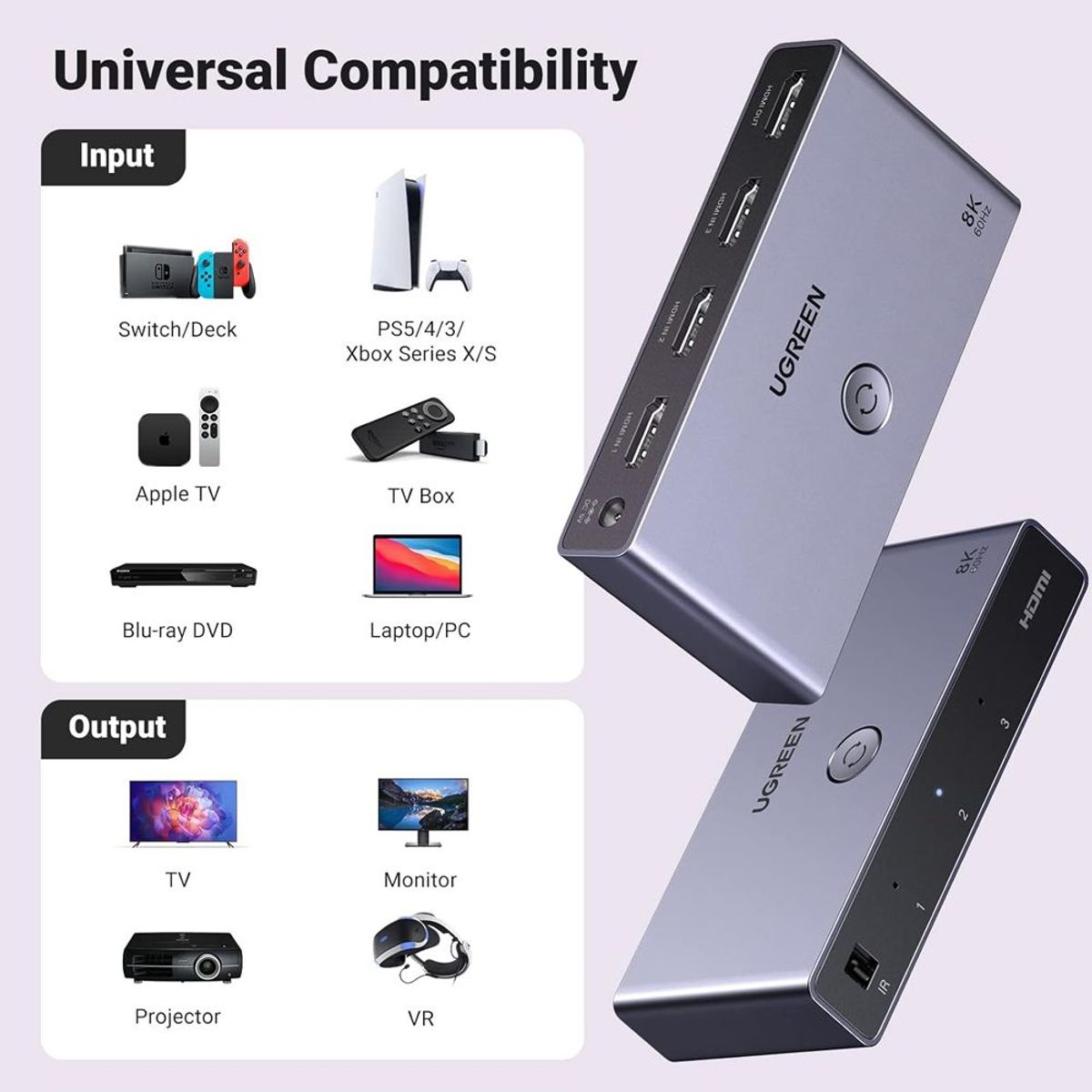 UGREEN - Hdmi Switch 8k 3 x1 UGREEN control remoto 3D Multiplicador HDR 8k 60hz