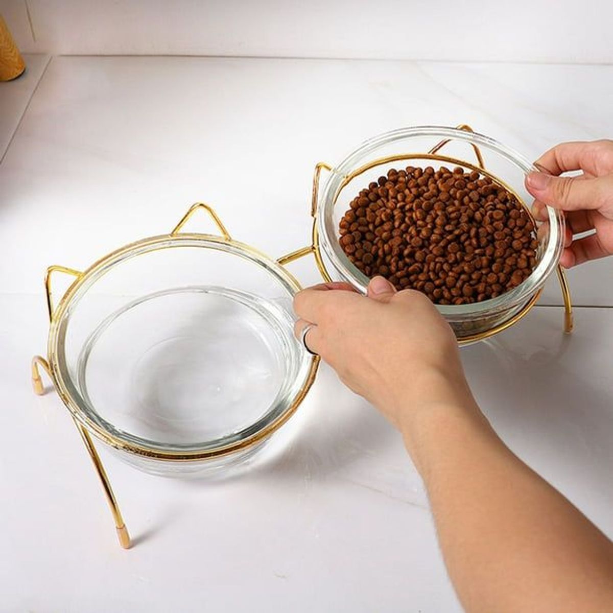 GENERICO - Plato doble para gato con base metálica cuenco de vidrio