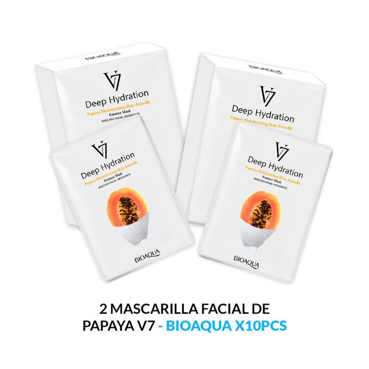 BIOAQUA - 2 Mascarilla Facial De Esencia De Papaya De Hidratación Profunda V7 30G X 10Pcs - Bioaqua