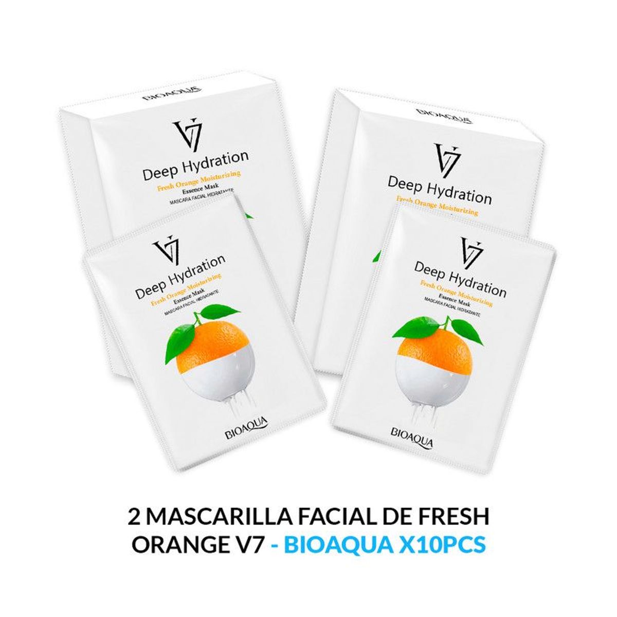 BIOAQUA - 2 Mascarilla Facial De Esencia De Naranja De Hidratación Profunda V7 30G X 10Pcs - Bioaqua