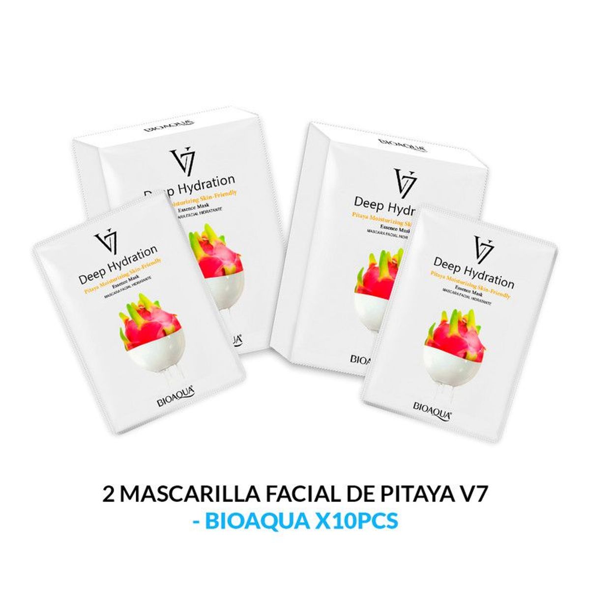 BIOAQUA - 2 Mascarilla Facial De Esencia De Pitahaya De Hidratación Profunda V7 30G X 10Pcs - Bioaqua