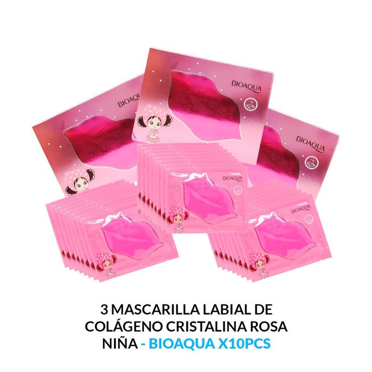 BIOAQUA - 3 Mascarilla Labial De Colágeno Cristalina Rosa Niña 8G X10Pcs Bioaqua