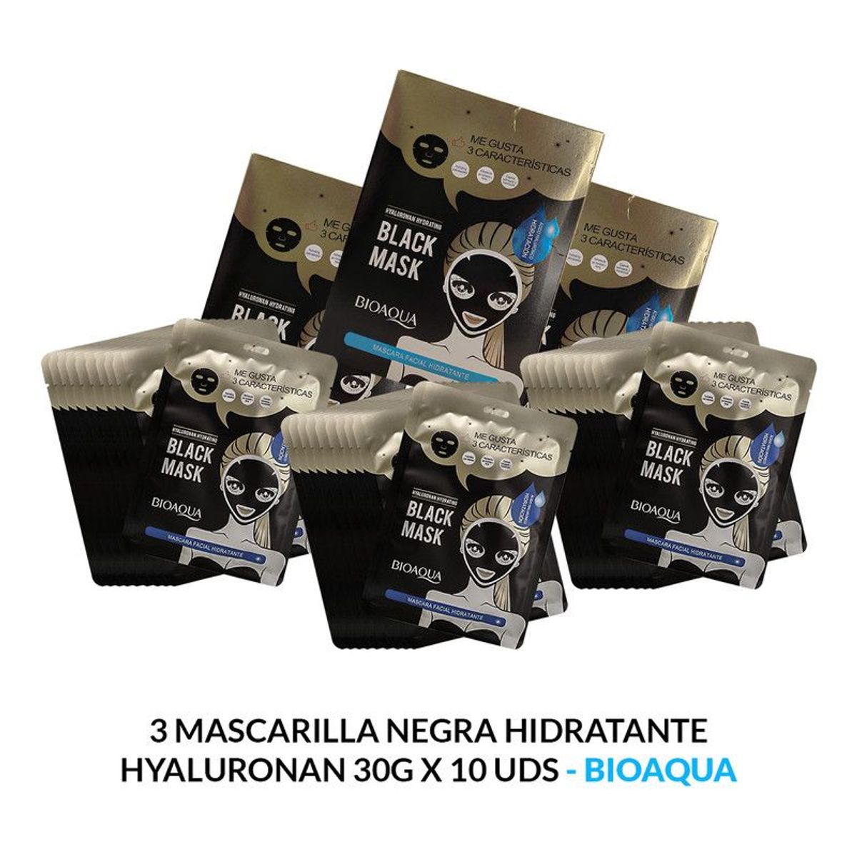 BIOAQUA - 3 Mascarilla Negra Hidratante Hyaluronan 30G X 10 Uds - Bioaqua